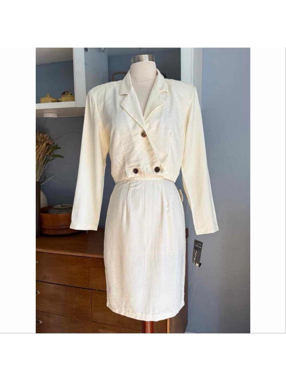 Vtg 90’s 80s All That Jazz Cropped Jacket & Pencil Skirt Suit Set Ivory Sz 3/4